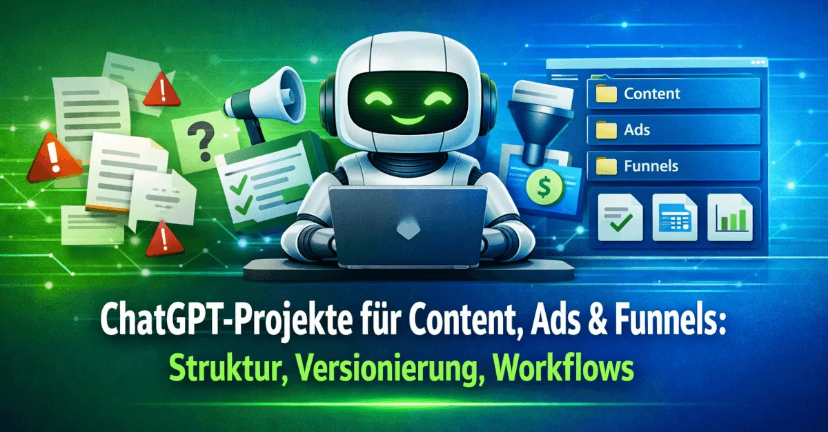 Themengrafik mit Text und Symbolen zum Thema „ChatGPT-Projekte für Content, Ads & Funnels: Struktur, Versionierung, Workflows“.