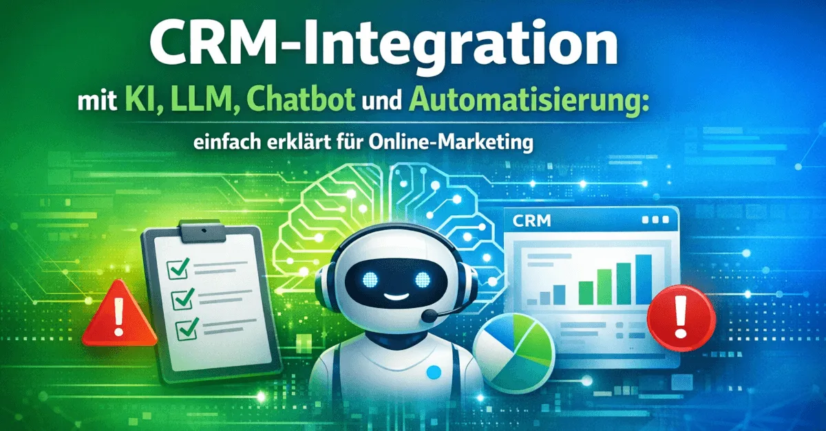 Themengrafik mit Text und Symbolen zum Thema „CRM-Integration mit KI, LLM und Chatbot: einfach erklärt für Online-Marketing“.