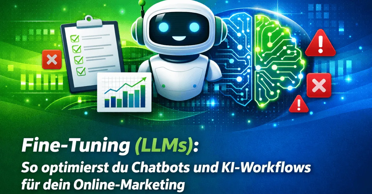 Themengrafik mit Text und Symbolen zum Thema „Fine-Tuning (LLMs): So optimierst du Chatbots und KI-Workflows für dein Online-Marketing“.