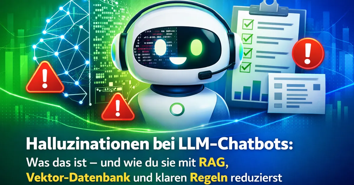 Themengrafik mit Text und Symbolen zum Thema „Halluzinationen bei LLM-Chatbots: Was das ist – und wie du sie mit RAG, Vektor-Datenbank und klaren Regeln reduzierst“.