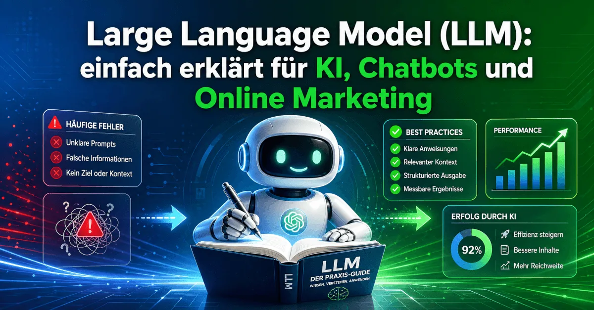 Themengrafik mit Text und Symbolen zum Thema „Large Language Model (LLM): einfach erklärt für Chatbots und Online Marketing“.