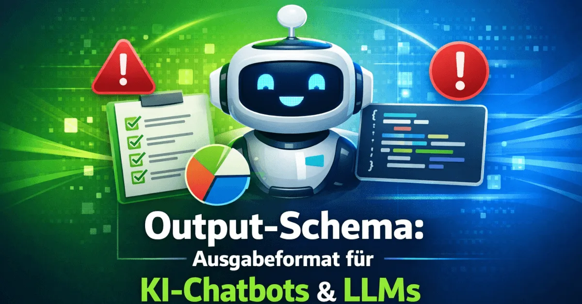 Themengrafik mit Text und Symbolen zum Thema „Output-Schema: Ausgabeformat für KI-Chatbots & LLMs“.