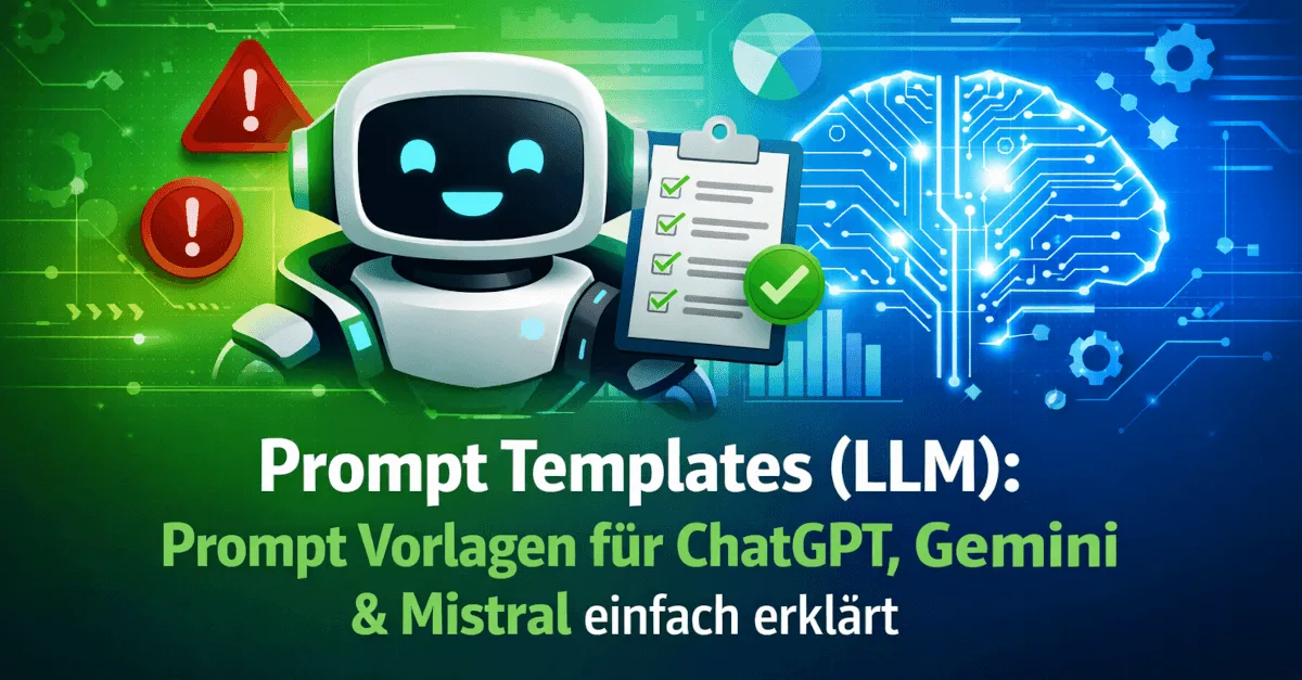 Themengrafik mit Text und Symbolen zum Thema „Prompt Templates (LLM): Prompt Vorlagen für ChatGPT, Gemini & Mistral einfach erklärt“.