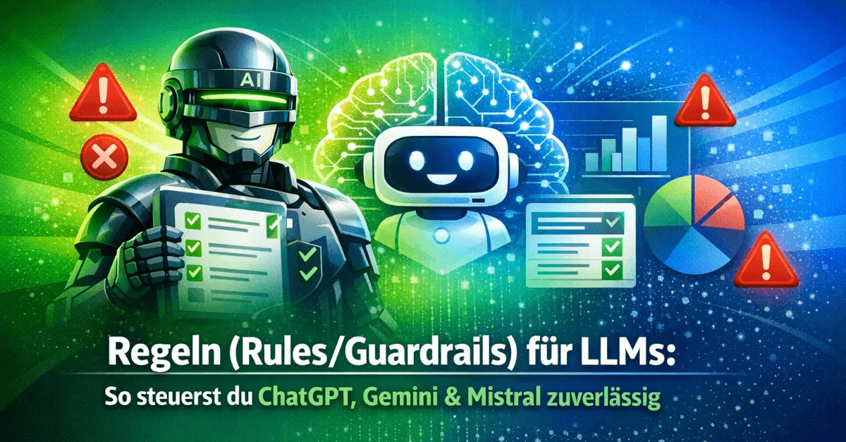 Themengrafik mit Text und Symbolen zum Thema „Regeln (Rules/Guardrails) für LLMs: So steuerst du ChatGPT, Gemini & Mistral zuverlässig“.