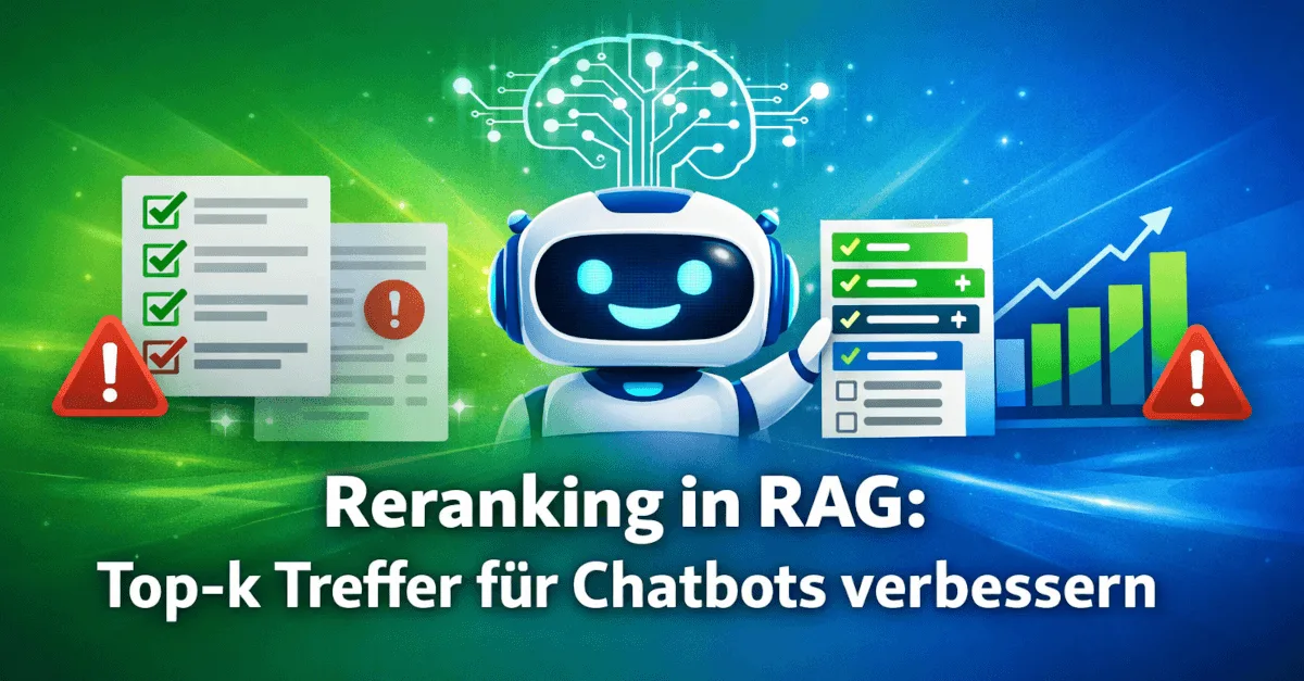 Themengrafik mit Text und Symbolen zum Thema „Reranking in RAG: Top-k Treffer für Chatbots verbessern“.