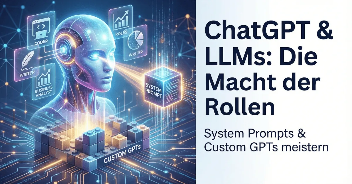 Themengrafik mit Text und Symbolen zum Thema „Rollen bei ChatGPT & LLMs: So holst du aus System Prompts & Custom GPTs das Maximum heraus“.