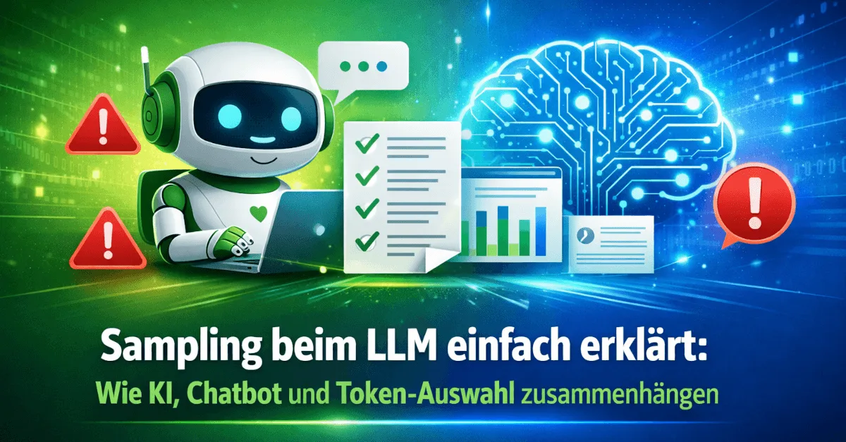 Themengrafik mit Text und Symbolen zum Thema „Sampling beim LLM einfach erklärt: Wie KI, Chatbot und Token-Auswahl zusammenhängen“.