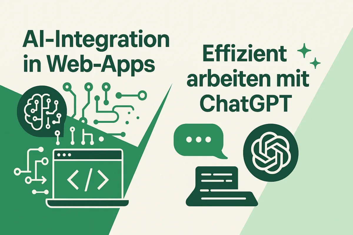 Geteilte Grafik mit KI-Gehirn, Laptop, ChatGPT-Logo und Hinweisen zur AI-Integration in Web-Apps.