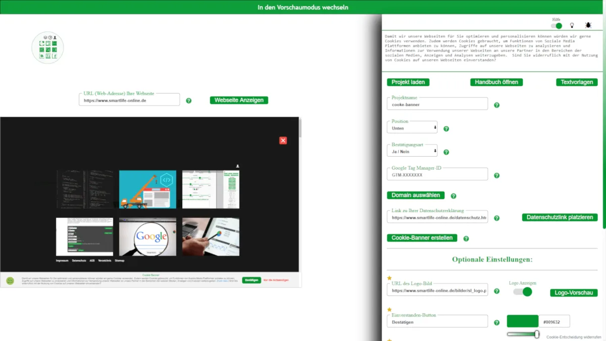 Screenshot des Cookie-Banner-Generators mit Konfigurationsfeldern und Banner-Vorschau.