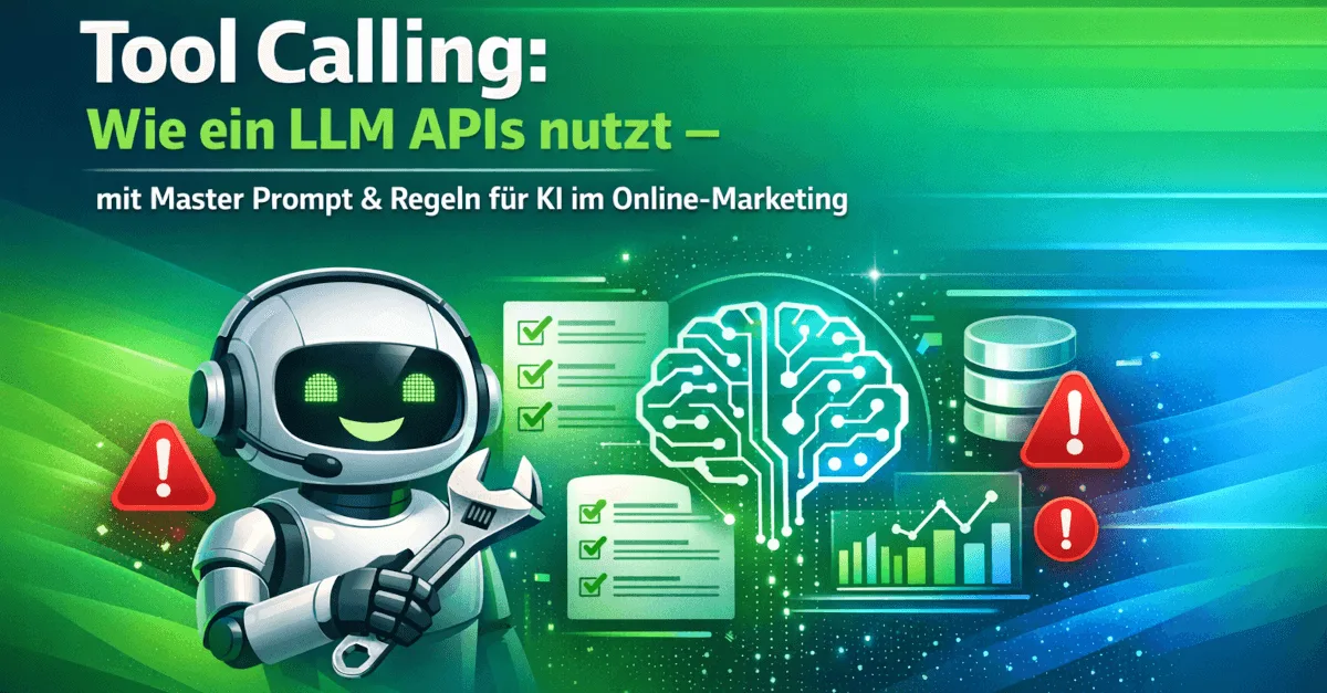 Themengrafik mit Text und Symbolen zum Thema „Tool Calling: Wie ein LLM APIs nutzt – mit Master Prompt & Regeln für KI im Online-Marketing“.