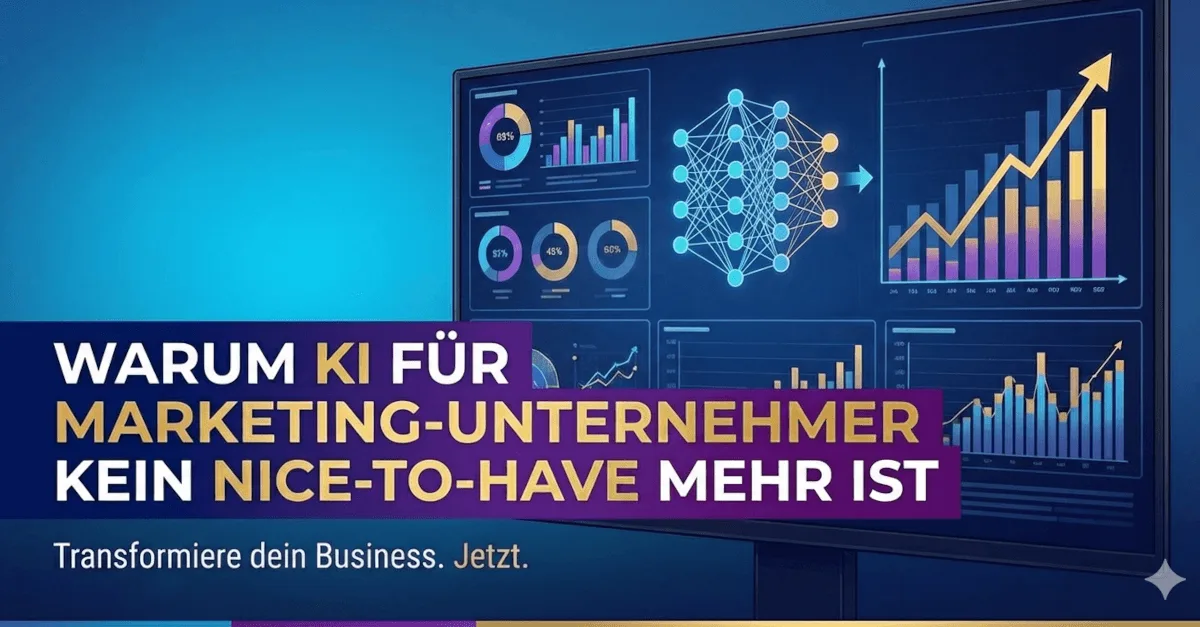 Themengrafik mit Text und Symbolen zum Thema „Warum KI für Marketing-Unternehmer kein Nice-to-have mehr ist“.