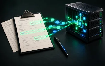 Klemmbrett mit Formular, darunter ein Stundenzettel und daneben ein Stift, grüne Lichtlinien führen zu einem kleinen Server