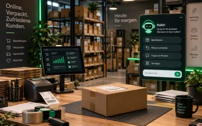Mitarbeiterin packt Pakete im Lager eines Online-Shops, daneben ein Tablet mit grünen Statusanzeigen