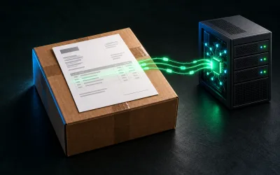 Lieferschein auf einem Paketkarton, grüne Lichtlinien führen von der Tabelle zu einem kleinen Server