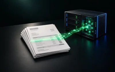 Stapel Papierrechnungen, grüne Lichtlinien führen zu einem kleinen Server
