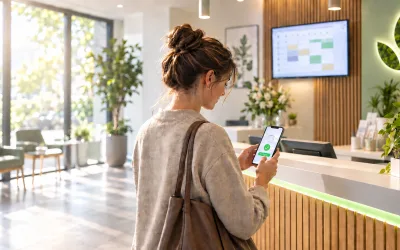 Kundin bestätigt am Empfang eines Betriebs einen Termin auf dem Smartphone, im Hintergrund ein Kalenderbildschirm