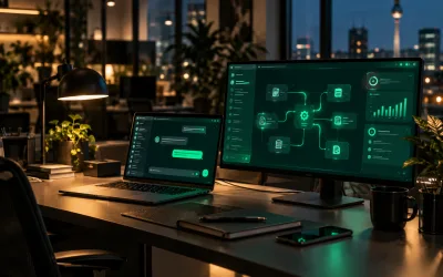 Agentur-Arbeitsplatz am Abend: Laptop mit Website-Chat, Monitor mit Workflow-Ansicht, Stadtlichter im Fenster
