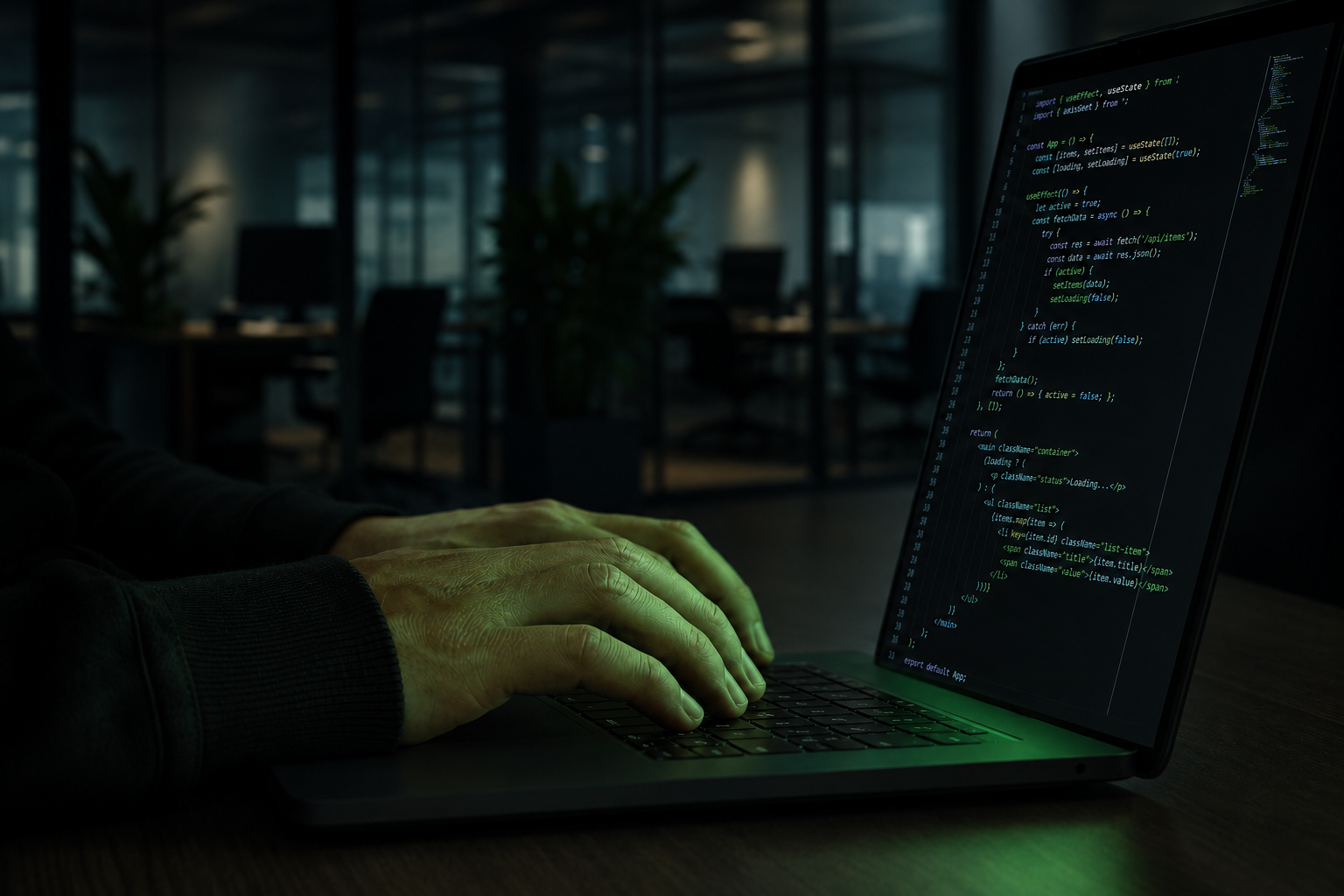 Arbeit am Laptop in dunklem Büro mit grünem Bildschirmleuchten