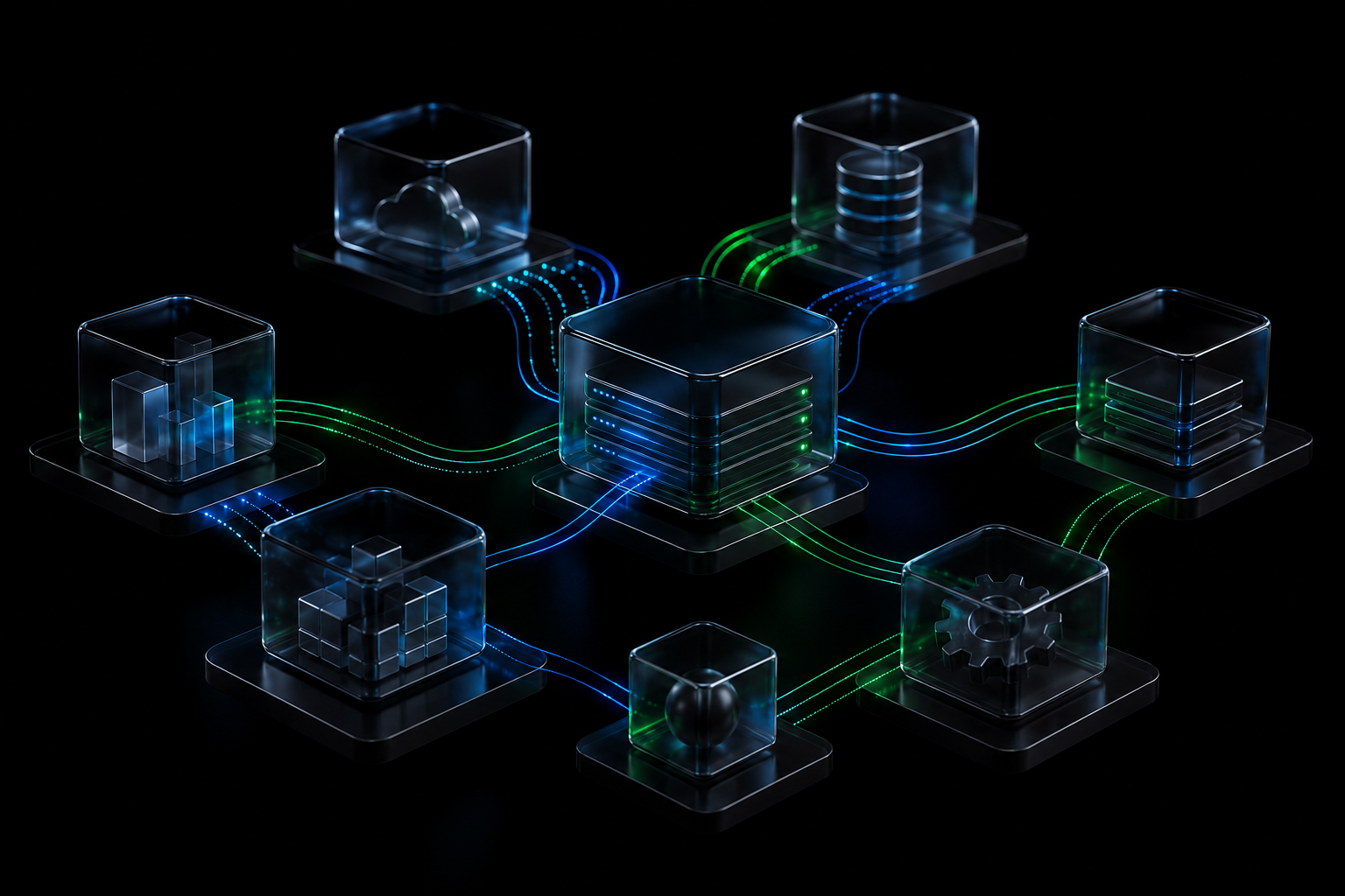 Verbundene Glas-Module mit Datenlinien – Symbol für System-Integration