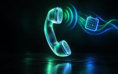 Gläserner Telefonhörer schwebt über dunkler Fläche, aus der Hörmuschel strömen grüne und blaue Schallwellen mit einem kleinen Kalendersymbol